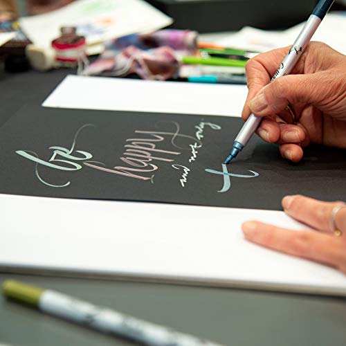 ONLINE - Juego de rotuladores metálicos de doble punta, punta de pincel y caligrafía, cinco colores metálicos, en estuche de bambú