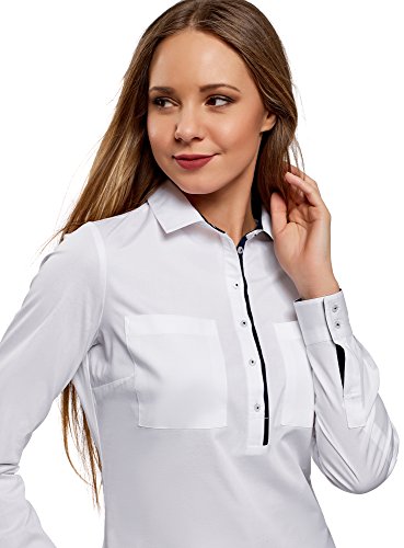 oodji Ultra Mujer Camisa Entallada con Bolsillos en el Pecho, Blanco, ES 40 / M