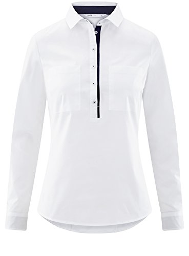 oodji Ultra Mujer Camisa Entallada con Bolsillos en el Pecho, Blanco, ES 40 / M