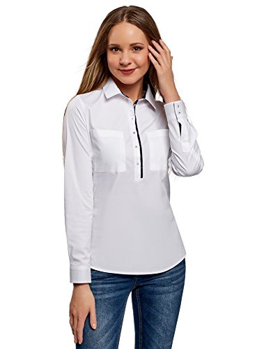 oodji Ultra Mujer Camisa Entallada con Bolsillos en el Pecho, Blanco, ES 40 / M