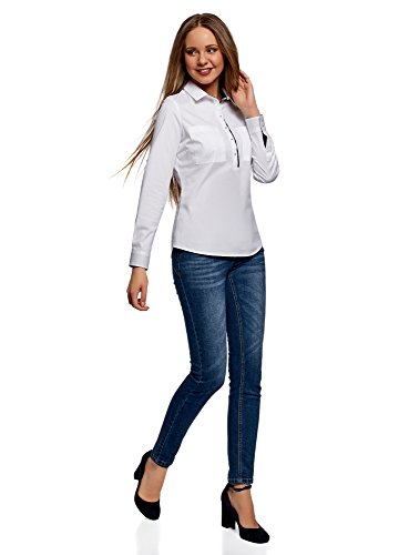 oodji Ultra Mujer Camisa Entallada con Bolsillos en el Pecho, Blanco, ES 40 / M