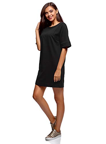 oodji Ultra Mujer Vestido Recto de Algodón, Negro, ES 36 / XS