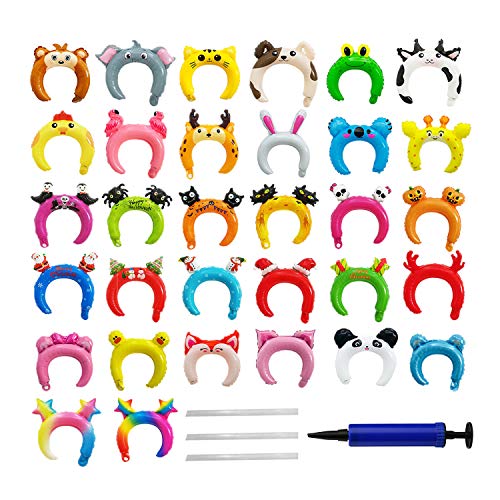 OOTSR 32 Piezas Diademas inflables, Globo de Aluminio Diadema de Animales para cumpleaños / Boda / Halloween / Suministros de Fiesta de Navidad, con 3 pajitas, 1 Bomba
