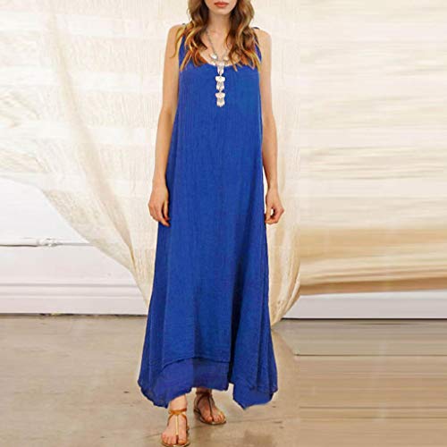 OPAKY Vestido de Mujer Verano Flojo Casual Largo Liso Tunica Manga Larga Moda Mujer Tiras de Algodón de Lino Suelta Bohe Casual Maxi Vestido Largo Retro Oversize Maxi Dress
