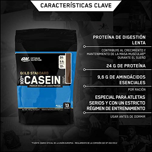 Optimum Nutrition ON 100% Gold Standard Casein, Proteínas en Polvo con BCAA Aminoacidos Ramificados y Esenciales, para recuperación, bajo en Azúcar, Chocolate, 13 porciones, 450 g