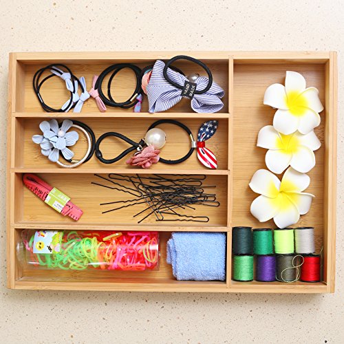 Organic madera de bambú cubiertos cajón organizador con 5 compartimentos, durable para utensilios bandeja, agradable y antimicrobiana cubiertos cajón Divers, Natural y Ecológica