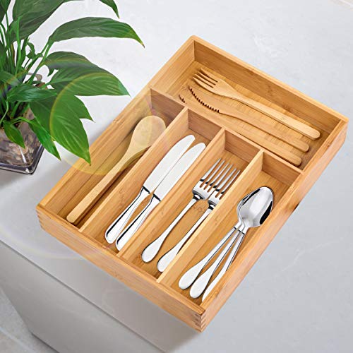 Organic madera de bambú cubiertos cajón organizador con 5 compartimentos, durable para utensilios bandeja, agradable y antimicrobiana cubiertos cajón Divers, Natural y Ecológica