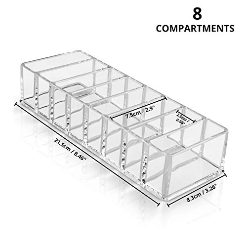 Organizador Cosméticos Acrílico Transparente - Pack de 2 Maquillaje Organizador (21,5 x 8,3cm) y 8 Sección Cada (7,5 x 2,5 cm) para Sombra de Ojos, Compactos, Colorete, Bronceador - Habitación, Salón