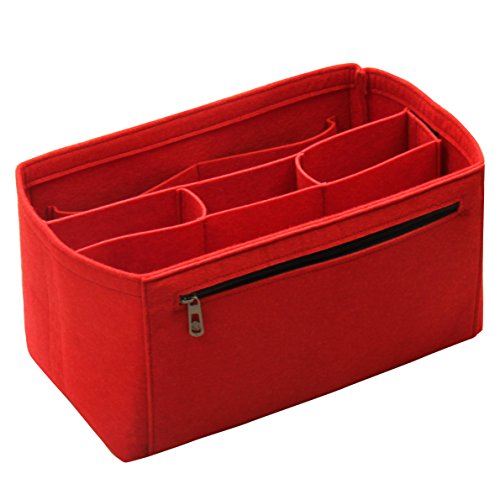 Organizador de bolsas de fieltro (compartimentos medios), inserto de bolso, maquillaje cosmético, Rojo (Rojo) - FELT-C-08-RED