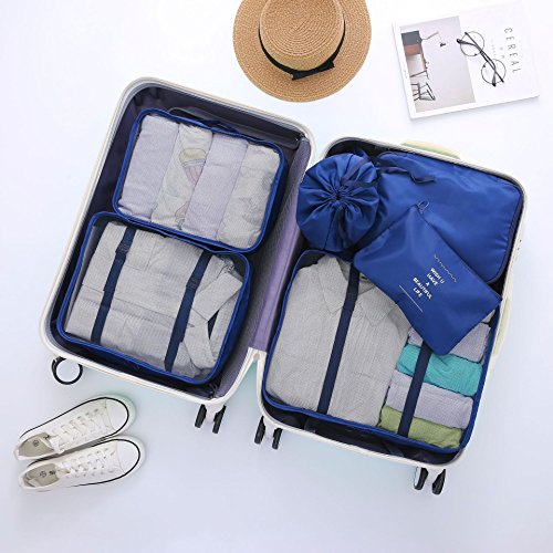 Organizador de Maletas, YouthUnion 6Pcs Bolsas de Ropa de Organizador de Equipaje de Viaje Bolsa de Almacenamiento Bolsa de Lavandería Impermeable para Ropa Interior Cosméticos (Azul Oscuro)