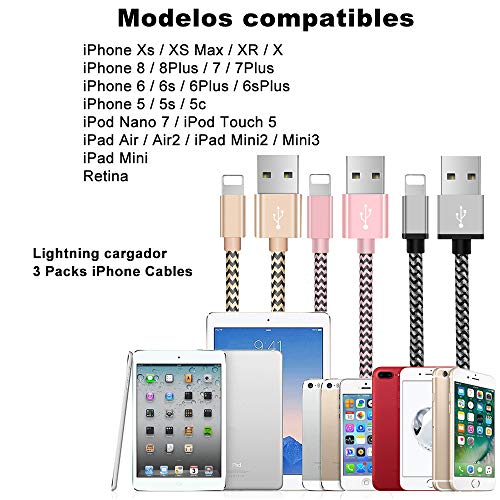 OTISA Cable Phone Cargador [3Pack 1.5M] USB Adaptador Compatible con Phone XS/XR/X/8 Plus/8/7/6S/6+/6, Pad y más (Plateado Dorado Rosa)