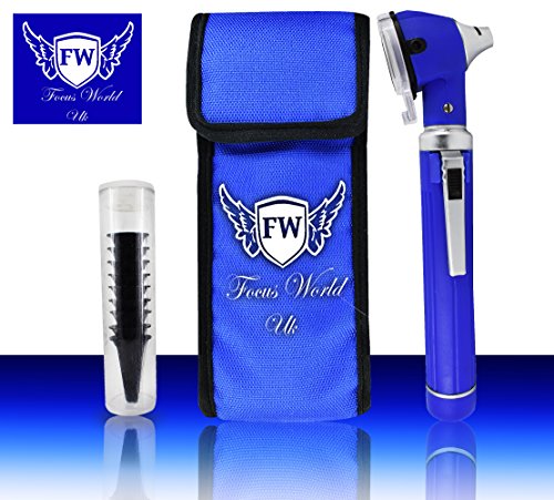 Otoscopio de fibra óptica, color azul, otoscopio médico, para analizar el oído, de halógeno + 10 espéculos de oído