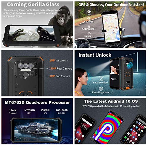 OUKITEL WP5 Pro Android 10 4GB+64GB Móvil Libre Resistente,IP68 Telefonos Robusto, Dual 4G Impermeable Smartphone, 8000mAh Batería Rugged Móvil,5.5'' HD+,Triple Cámara,4 LED Flash (Naranja)