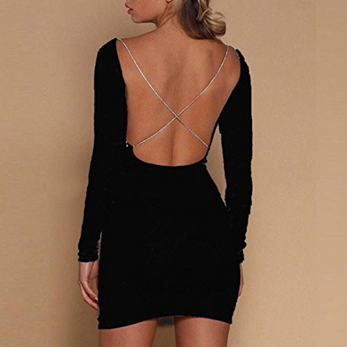 OverDose mujer De Manga Larga O-Neck Blackless Sexy Shiny Bodycon Ladie Licor Evening Carnaval Party Club Mini Vestido (S, Negro)