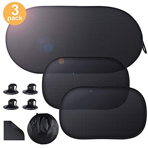 Oziral Parasol de Coche 3 Piezas Ventana Lateral Trasera Parasol Coche con Protección UV Extra Oscura para Bebés y Niños Fácil Instalación (Negro)