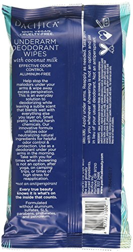 Pacifica Toallitas desodorantes para axilas, leche de coco y aceites esenciales, 30 unidades