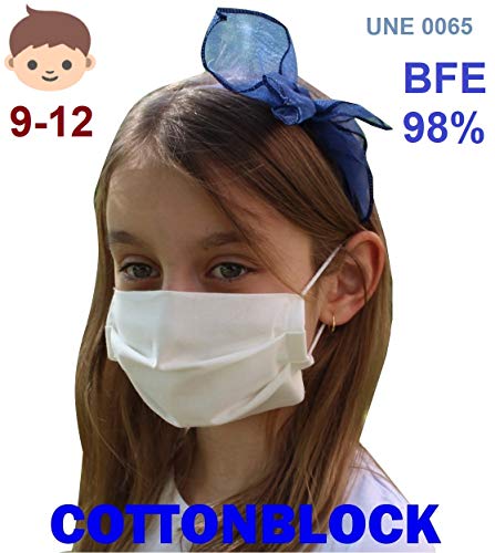 Pack 2x Mascarilla Higiénica Reutilizable UNE 0065 Tela 100% Algodón - Niño 9-12 años M - BFE 98% - Lavable - Premium - Homologada en España - Cottonblock