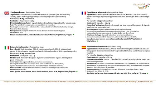 Pack de 3 Astaxantina 6mg 3 x 60 Cápsulas Vita World Farmacia Alemania Carotenoide Antioxidante Haematococcus pluvialis