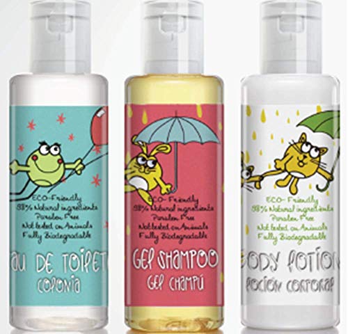 Pack de 3 Neceser infantil. Kit de higiene infantil, 98% de ingredientes naturales (ECO-FRIENDLY), sin parabenos y no testados en animales. Fabricado en la Unión Europea.