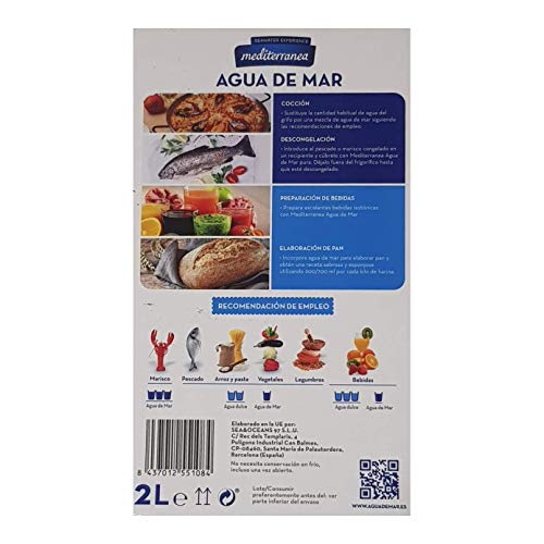 Pack de 6 uds Agua de mar alimentaria Mediterranea, envase de 2 Litros, contiene 78 minerales y oligoelementos, sin necesidad de añadir sal, realza el sabor original de tus comidas