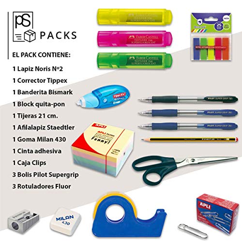 Pack Material Oficina - PS BASICS OFFICE (ESENCIAL) - Kit de material de Oficina: Subrayadores, Bolígrafos, Corrector Tipp-ex, Cinta Adhesiva, Clips, Tijeras. Productos de Papeleria al Mejor Precio