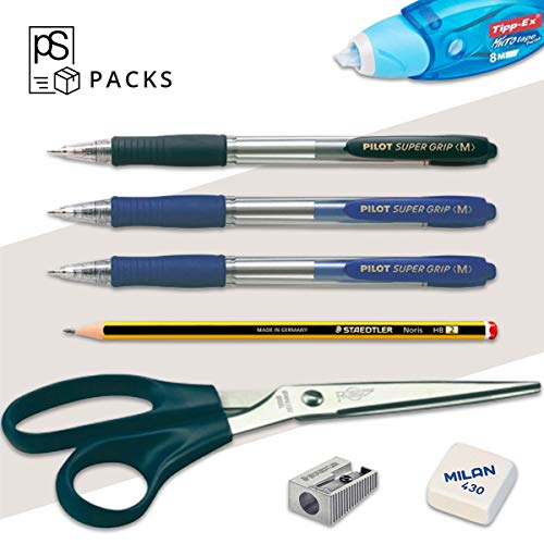 Pack Material Oficina - PS BASICS OFFICE (ESENCIAL) - Kit de material de Oficina: Subrayadores, Bolígrafos, Corrector Tipp-ex, Cinta Adhesiva, Clips, Tijeras. Productos de Papeleria al Mejor Precio