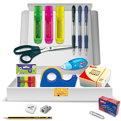 Pack Material Oficina - PS BASICS OFFICE (ESENCIAL) - Kit de material de Oficina: Subrayadores, Bolígrafos, Corrector Tipp-ex, Cinta Adhesiva, Clips, Tijeras. Productos de Papeleria al Mejor Precio
