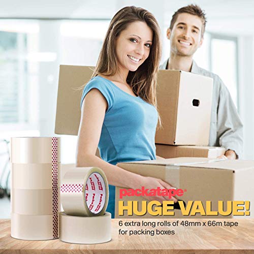 Packatape 6 Rollos Cinta Embalar Adhesiva Transparente 48MMx 66M para Cajas y Paquetes Ideal para Envíos y Mudanzas – Precinto Embalar Extrafuerte y Resistente – Color Transparente