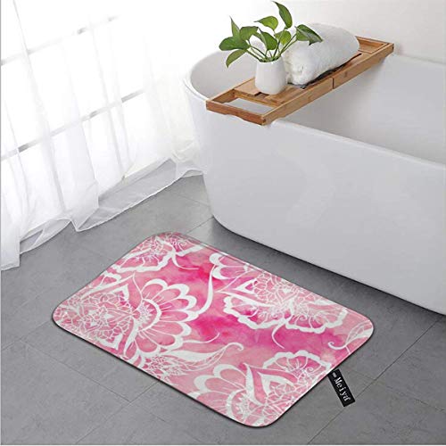 PageHar Modern Boho Pink Watercolor White Floral Mandala Bath Rug Door Mat Soft and Absorbent Bathroom Mat Anti-Slip and Plush Bath Mat for Bathroom Living Room and Laundry Room 15.7"x23.6"