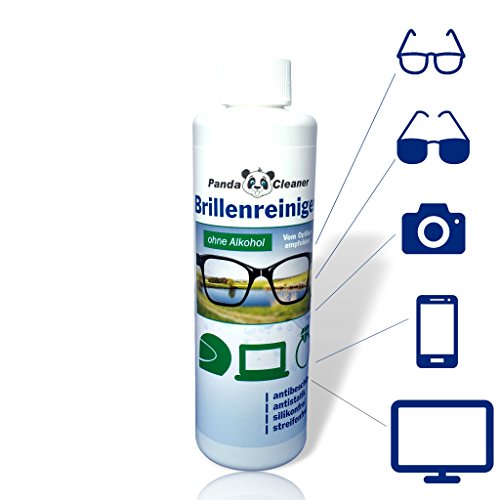 Panda Cleaner® de recambio Set 500 ml Gafas limpiador 2 x 250 ml botella + Paño para Limpieza | sin alcohol | antibeschlag | streifenfrei | también para pantallas, monitores, visera Adecuado