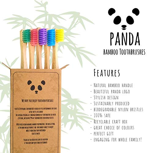 Panda Toothbrush - cepillos de dientes de bambú natural biodegradable | bonitos y ecológicos | filamentos de dureza media | colores surtidos | paquete familiar 2 adultos + 3 niños