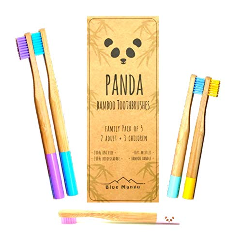 Panda Toothbrush - cepillos de dientes de bambú natural biodegradable | bonitos y ecológicos | filamentos de dureza media | colores surtidos | paquete familiar 2 adultos + 3 niños