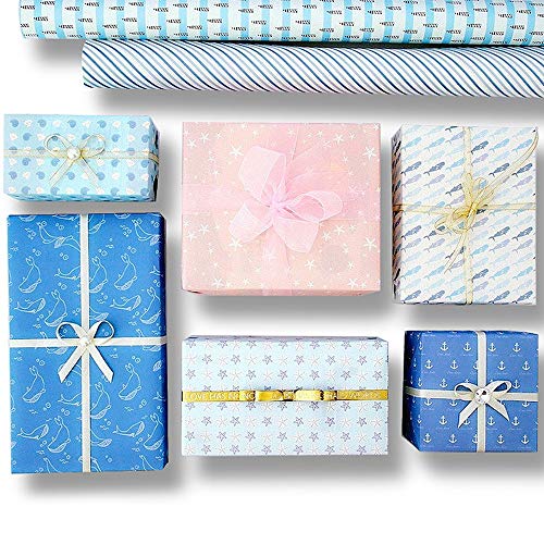 Papel Para Envolver Regalos, Joeyer 8 Hojas Envoltura Colorido + 1 Rollo de Cinta de Organza Dorado (5 M) Para Cumpleaños, Día De Fiesta, Boda, Baby Shower (Ocean Series)