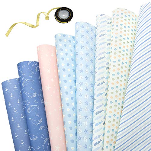 Papel Para Envolver Regalos, Joeyer 8 Hojas Envoltura Colorido + 1 Rollo de Cinta de Organza Dorado (5 M) Para Cumpleaños, Día De Fiesta, Boda, Baby Shower (Ocean Series)
