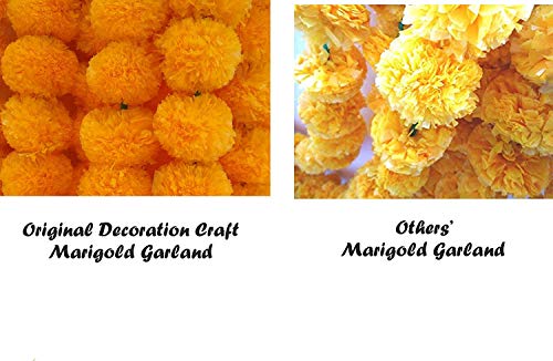 Paquete de 5 guirnaldas de flores de caléndula de naranja y naranja oscuro artificial, 5 pies de largo, para fiestas, bodas indias, decoración para el hogar, decoración de fotos Diwali, festival indio