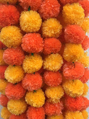 Paquete de 5 guirnaldas de flores de caléndula de naranja y naranja oscuro artificial, 5 pies de largo, para fiestas, bodas indias, decoración para el hogar, decoración de fotos Diwali, festival indio