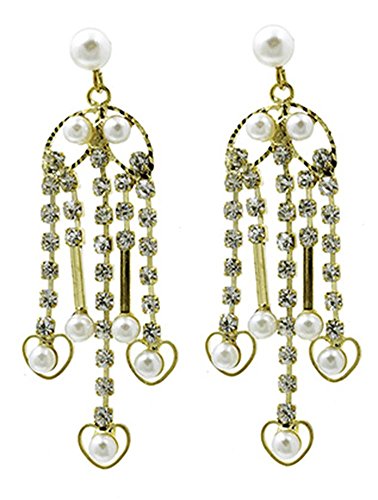 Par de pendientes para mujer acero inoxidable{1} beyoutifulthings oro araña candelabro con colgantes de corazones circonita incoloura y perlas crema longitud 5,7 cm