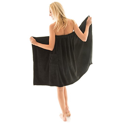 Para mujer Celinatex para sauna forro polar, con cierre de velcro, una bolsa, más fácil de falda escocesa, Málaga, confortable, suave, muy cómodo de usar y cómodo de llevar de toalla, poliéster, negro, large/extra-large