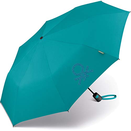 Paraguas Mini Mujer Automático United Colors of Benetton, Ocho Varillas, 95 cm de diámetro. con Adornos Brillantes. (Azul Turquesa con Adornos Brillantes)