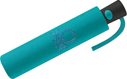 Paraguas Mini Mujer Automático United Colors of Benetton, Ocho Varillas, 95 cm de diámetro. con Adornos Brillantes. (Azul Turquesa con Adornos Brillantes)