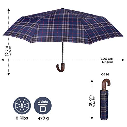 Paraguas Plegable Hombre Escoces Azul Mango Curvo - Mini Estampado Cuadros - Resistente Ligero - Antiviento Fibra Vidrio - Abre Cierra Automatico - PFC Free - Ø 104 cm - Perletti Technology (Azul)