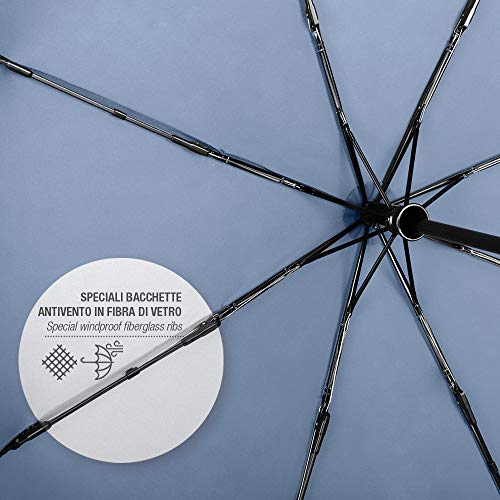 Paraguas Plegable Hombre Escoces Azul Mango Curvo - Mini Estampado Cuadros - Resistente Ligero - Antiviento Fibra Vidrio - Abre Cierra Automatico - PFC Free - Ø 104 cm - Perletti Technology (Azul)