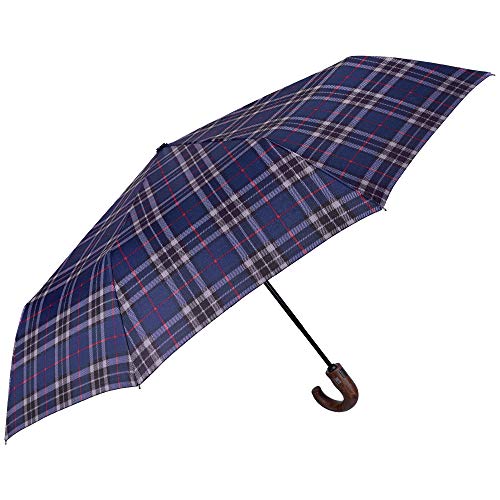 Paraguas Plegable Hombre Escoces Azul Mango Curvo - Mini Estampado Cuadros - Resistente Ligero - Antiviento Fibra Vidrio - Abre Cierra Automatico - PFC Free - Ø 104 cm - Perletti Technology (Azul)