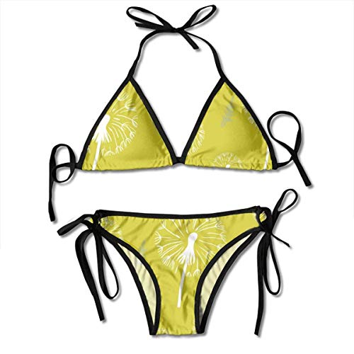 Patrón de diente de león dibujado a mano en un bikini de tubo amarillo de 2 piezas Bikini de mujer Halter Traje de baño Corbata Triángulo inferior Piscina de playa