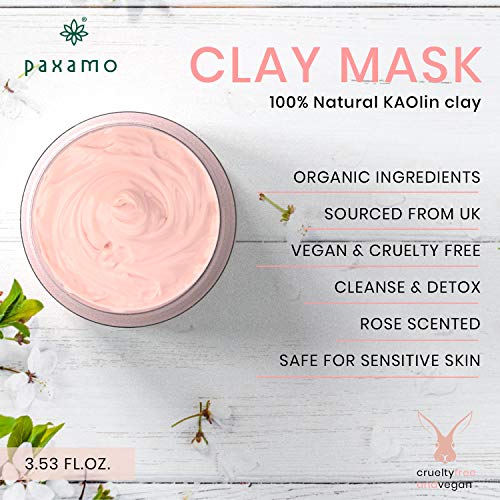 PAXAMO Mascarilla de arcilla rosa, mascarilla facial hidratante, nutritiva y de limpieza profunda de poros para pieles grasas, opacas y sensibles - 2020 El mejor limpiador exfoliante