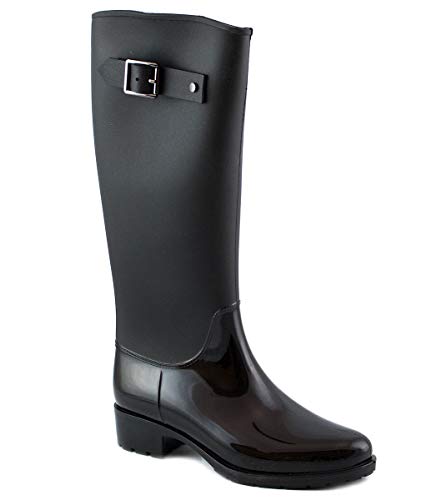 PAYMA - Botas de Agua de Mujer Impermeables. Acabado Brillo y Mate con Hebilla Lateral de Adorno y Cierre de Cremallera. Negro y Marrón