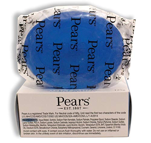 Pears Soap - Con extractos de menta. Jabón de cuidado azul transparente auténtico - Juego de 6 barras, 125 g cada una (paquete de 6)