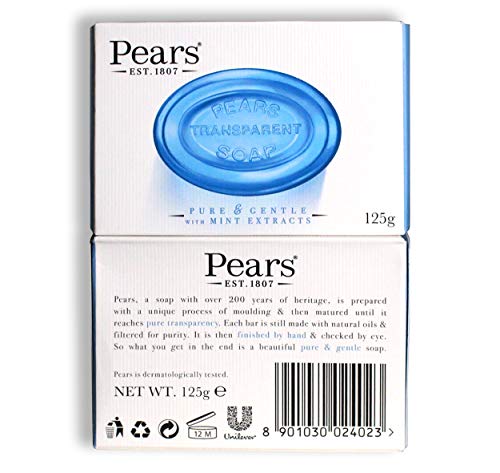 Pears Soap - Con extractos de menta. Jabón de cuidado azul transparente auténtico - Juego de 6 barras, 125 g cada una (paquete de 6)