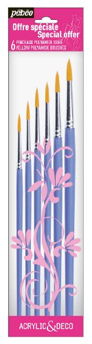 Pébéo 951150 Bolsa 6 Pinceles Mango Corto Surtidos 10 Poliamida Doradas Redondo n° 000, 0, 2, 4, 6, 8