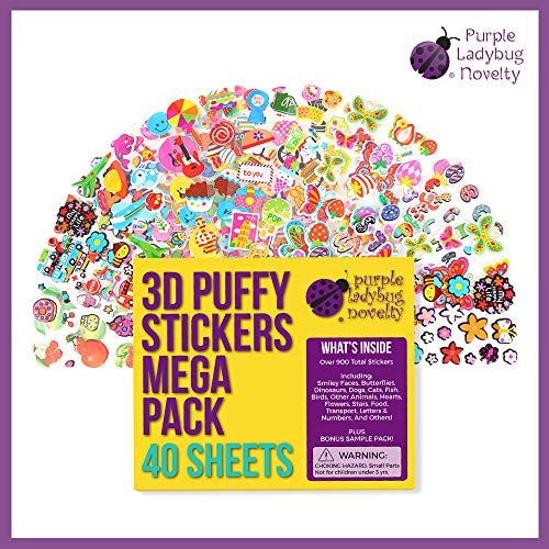 Pegatinas 3D para Niños de Purple Ladybug - Lote de 40 Hojas Diferentes y Más de 950 Stickers Infantiles - Animales, Letras, Números, Calcomanías Emoji! Muestra Gratuita Incluída